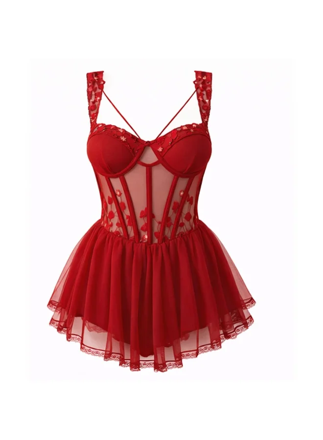 كابريشوس قميص نوم نسائي شفاف بتطريز زهري – فستان نوم شبكي بأحزمة قابلة للتعديل مع حواف دانتيل